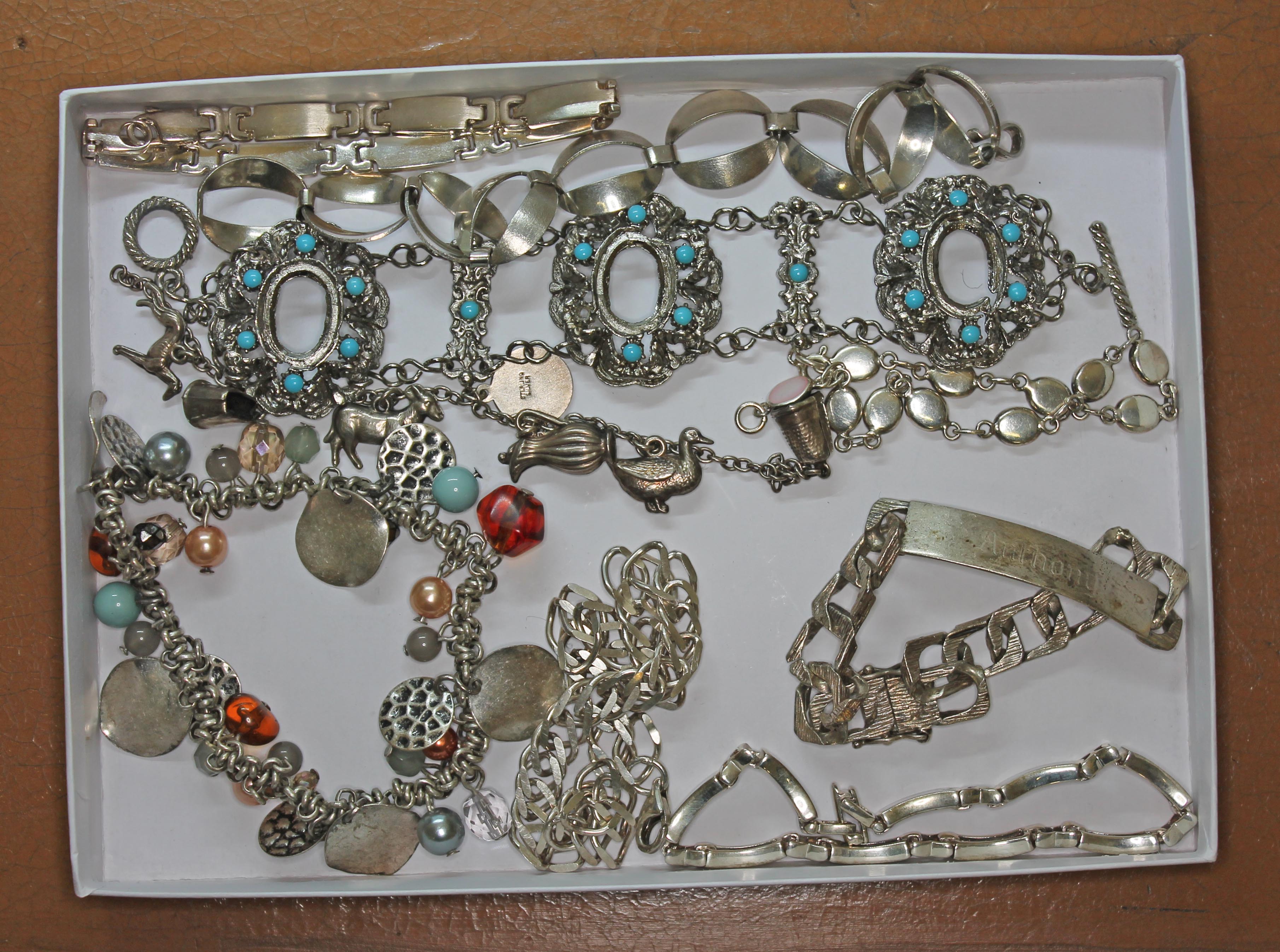 A tray of assorted silver and white metal bracelets, various marks including hallmarks, '925', '