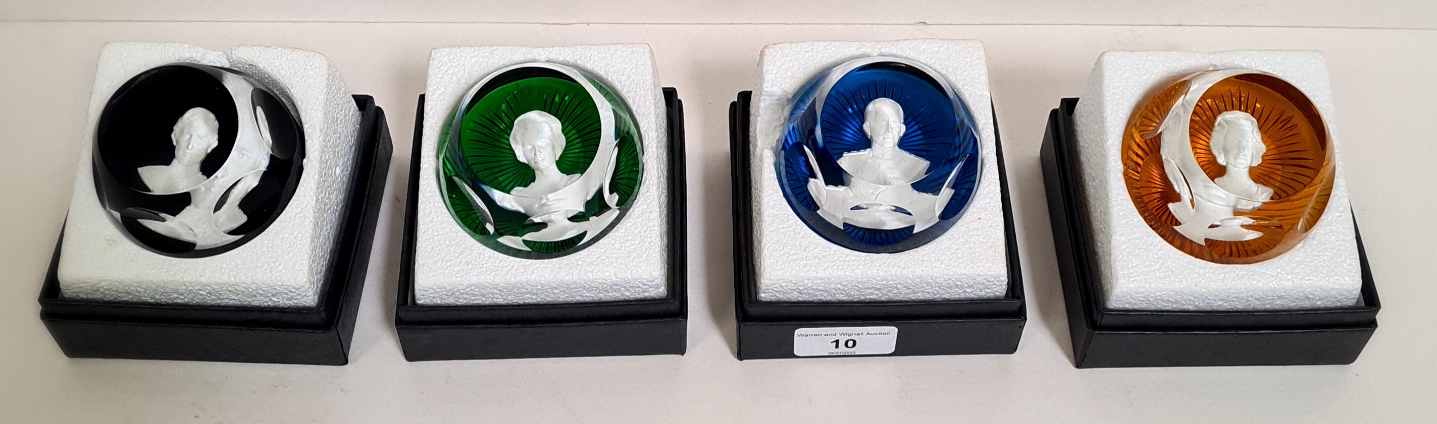 The Royal Cameos in crystal, a collection of 4 crystal paperweights containing cameos designed by