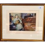 Early 20th century school, watercolour, interior scene with lady and rabbit, 26cm x 17.5cm,