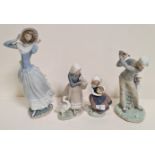 Four Lladro figures, each with minor defects: Girl holding hat in breeze (36cm height) - two fingers