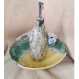 Michelle Freemantle - stoneware bottle and bowl in green and yellow slip decoration, incised mark.