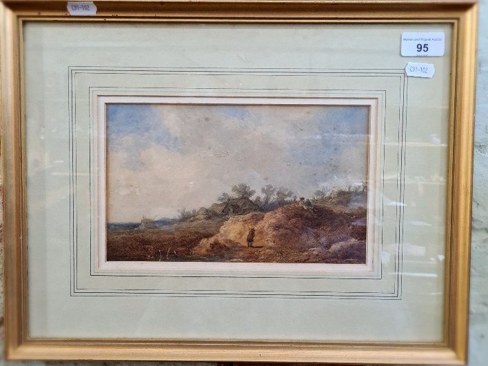 19th century Dutch school, watercolour. circa (1850), "Dunes scene with figures around