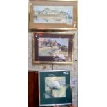 Three pictures, Laurie Roscor, 1 x oil, twon scene, 29cm x 29cm, signed lower left, glazed and