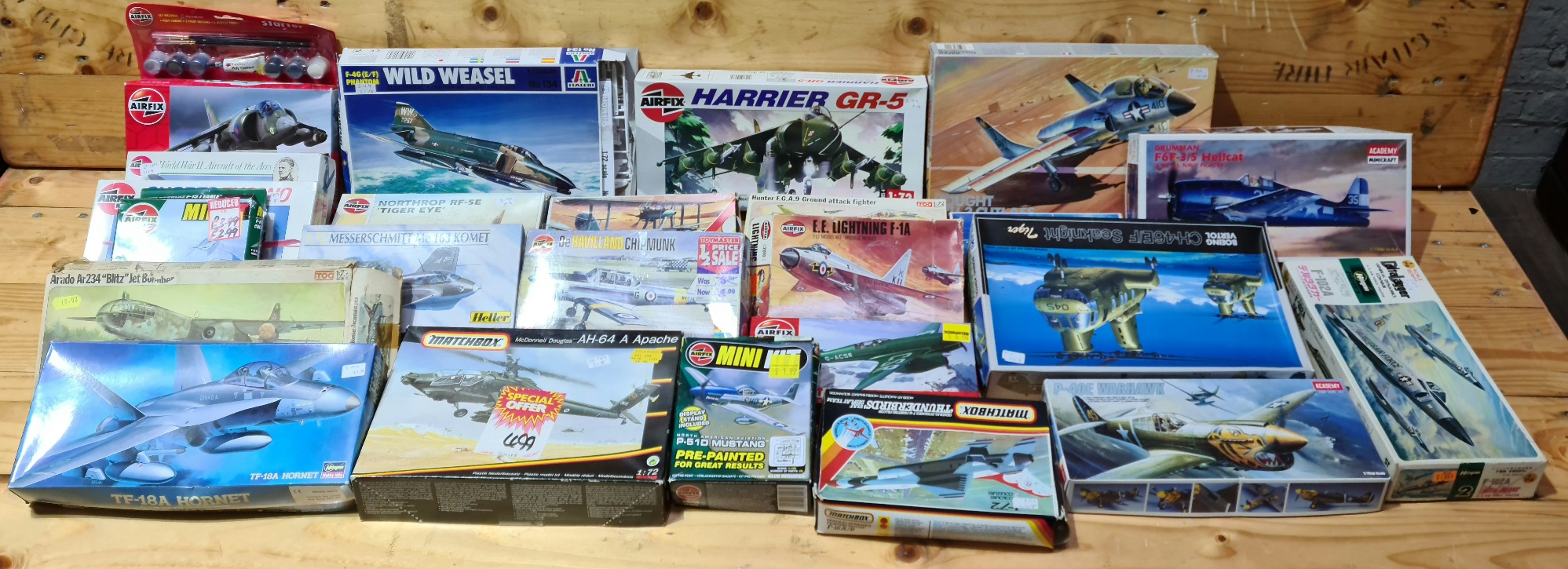 Two boxes containing approx 24 model aircraft kits, including Airfix, Fujimi, Italeri, Matchbox