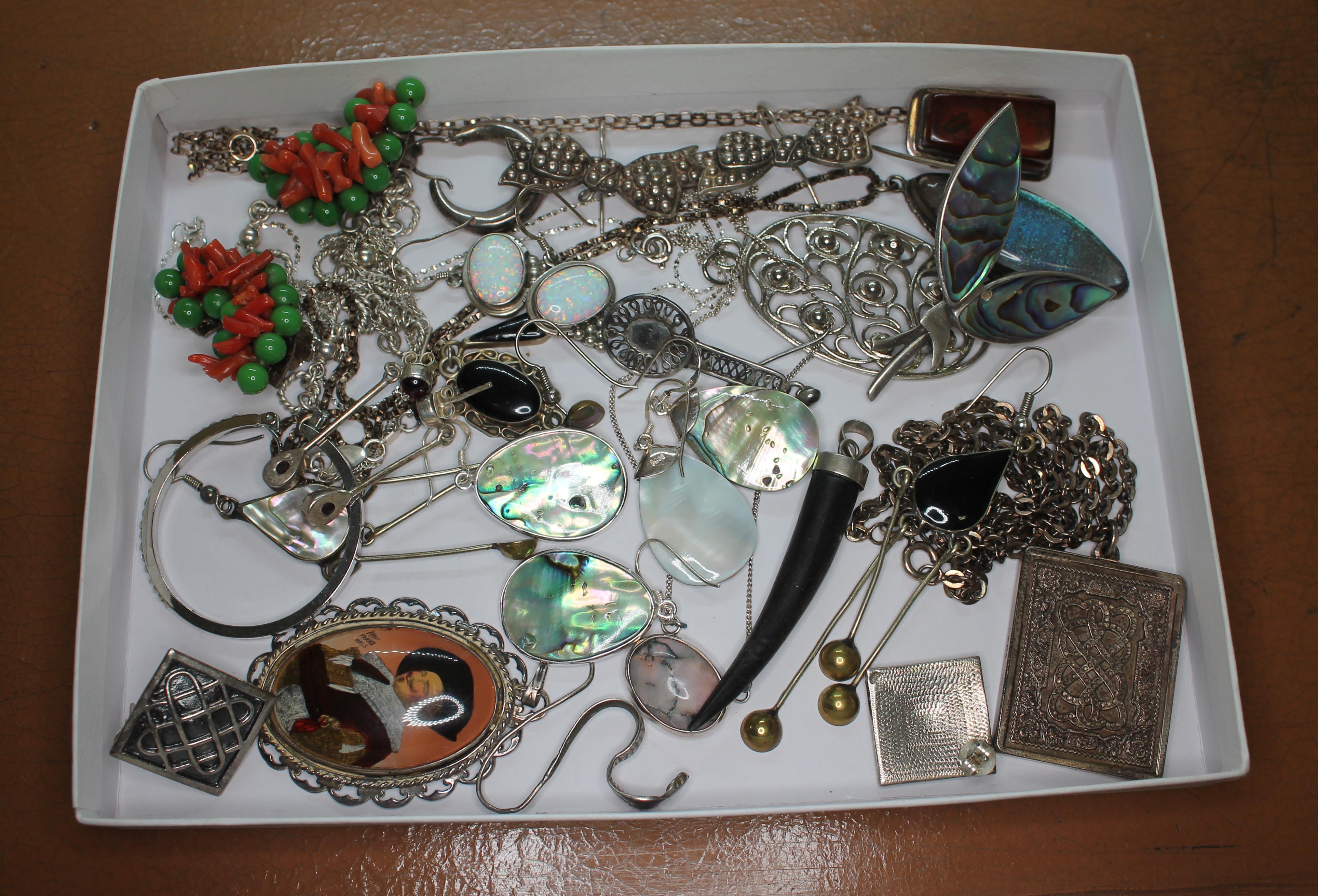 Assorted jewellery including items' marked '925' abalone, coral, rhodonite etc.