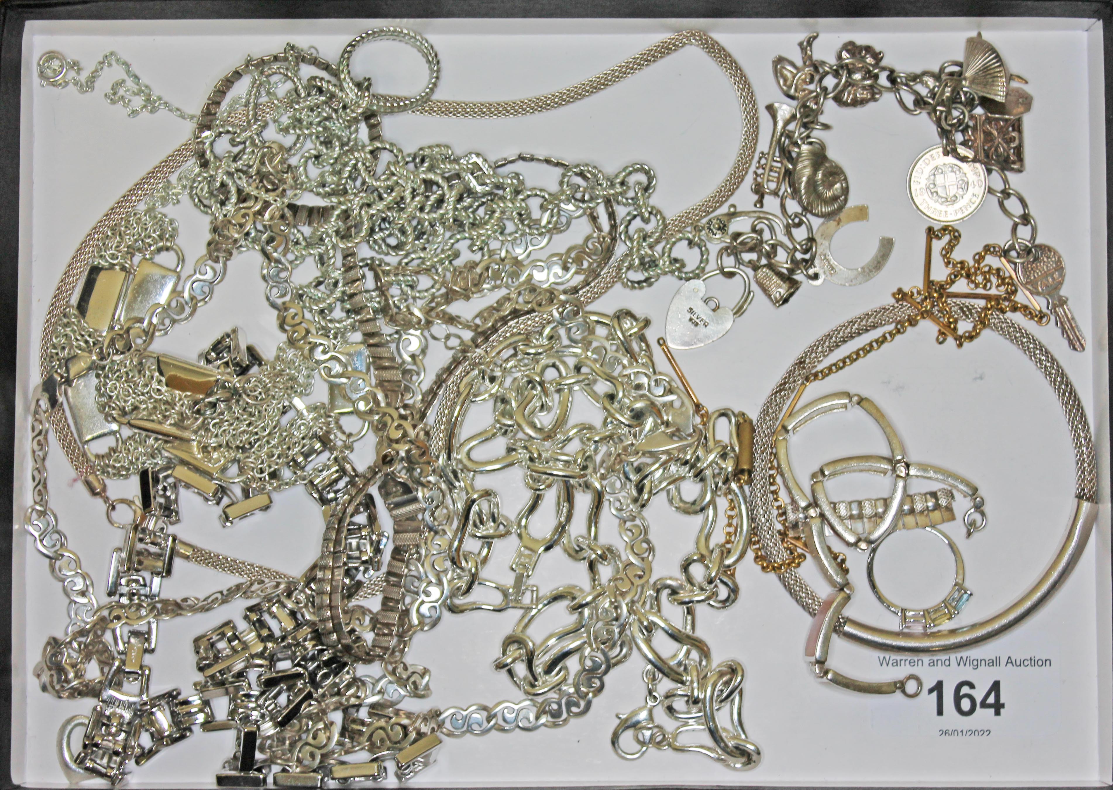 Assorted jewellery including items marked '925' and 'silver', a yellow metal chain and unmarked
