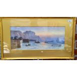 L Lewis, coastal scene, watercolour, signed lower right, 52cm x 22cm, framed and glazed.