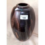 Gretl Shapiro vase - brown stoneware covered in tenmoku and kaki glaze, impressed GS mark on base,