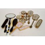 Embroidered vintage dressing set, part set and 2 brushes and mirror with tortoise shell pattern.