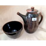 Porcelain footed bowl - tenmoku glaze and tenmoku glaze teapot from the Tony Hill collection of