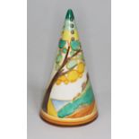 A Clarice Cliff Fantasque Bizarre conical sugar sifter decorated in Secrets pattern, height 14cm.