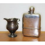 Hallmarked silver comprising a hip flask and an 18th century jug, both as found, gross wt. 8 1/2oz.