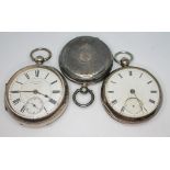 Two silver pocket watches and a silver pocket watch case.