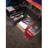 2 toolboxes with various tools, mitre saw, tile cutter and a box of misc including lead fishing