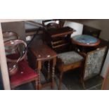 Various items of furniture; an oak twist leg table, two round top pedestal tables, a standard