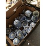 A box of blue Wedgwood Jasperware - approx 38 pieces.