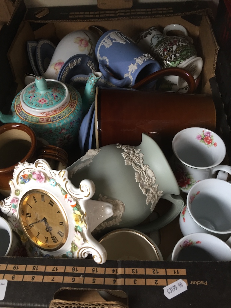 A box of misc pottery to include blue and green Wedgwood Jasperware.