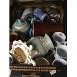 A box of misc pottery to include blue and green Wedgwood Jasperware.