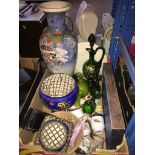 A box of mixed pottery including cases, bowls, figurines, cased fish serving set etc
