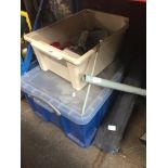 A box of assorted electrical equipment, a box of hardware, a set of drainage rods and a stop tap