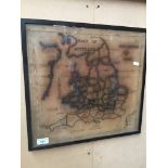 A vintage embroidered map of England and Wales, showing part of Scotland and the Irish coast. Map is