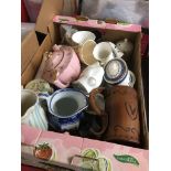 A box of various ceramics to include a Royal Crown Derby Imari Blue dog, a Sadler teapot and Royal