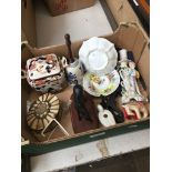 A box of misc including ornaments, bone box, bell, figural candlestick holder, a Masons Ironstone