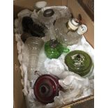 A box containing 4 oil lamp reservoirs, various brass oil lamp parts, and a converted reservoir