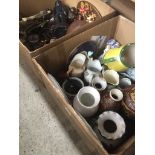 2 boxes of misc assorted items, copperware, figures, pottery, ginger jars, jugs, vases, composite