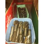 Two boxes of small en mills and slot drill cutters, various sizes.