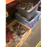 5 boxes of various tools / garageware and woodworking to include planes, drills, pipe fittings, etc.