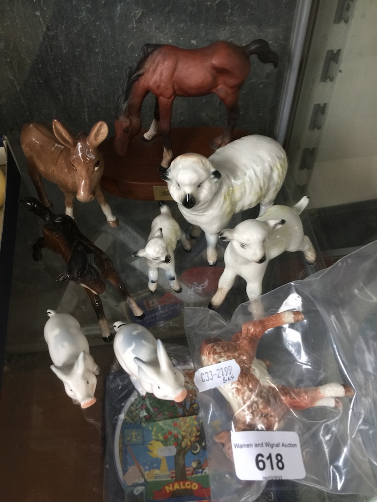 Beswick animals including foal, sheep etc together with a Dairy Shorthorn Calf - as found, 1 leg