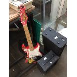 Spongebob Squarepants 3/4 size electric guitar with soft case, a CD-G15 amp and a OHM model PA120