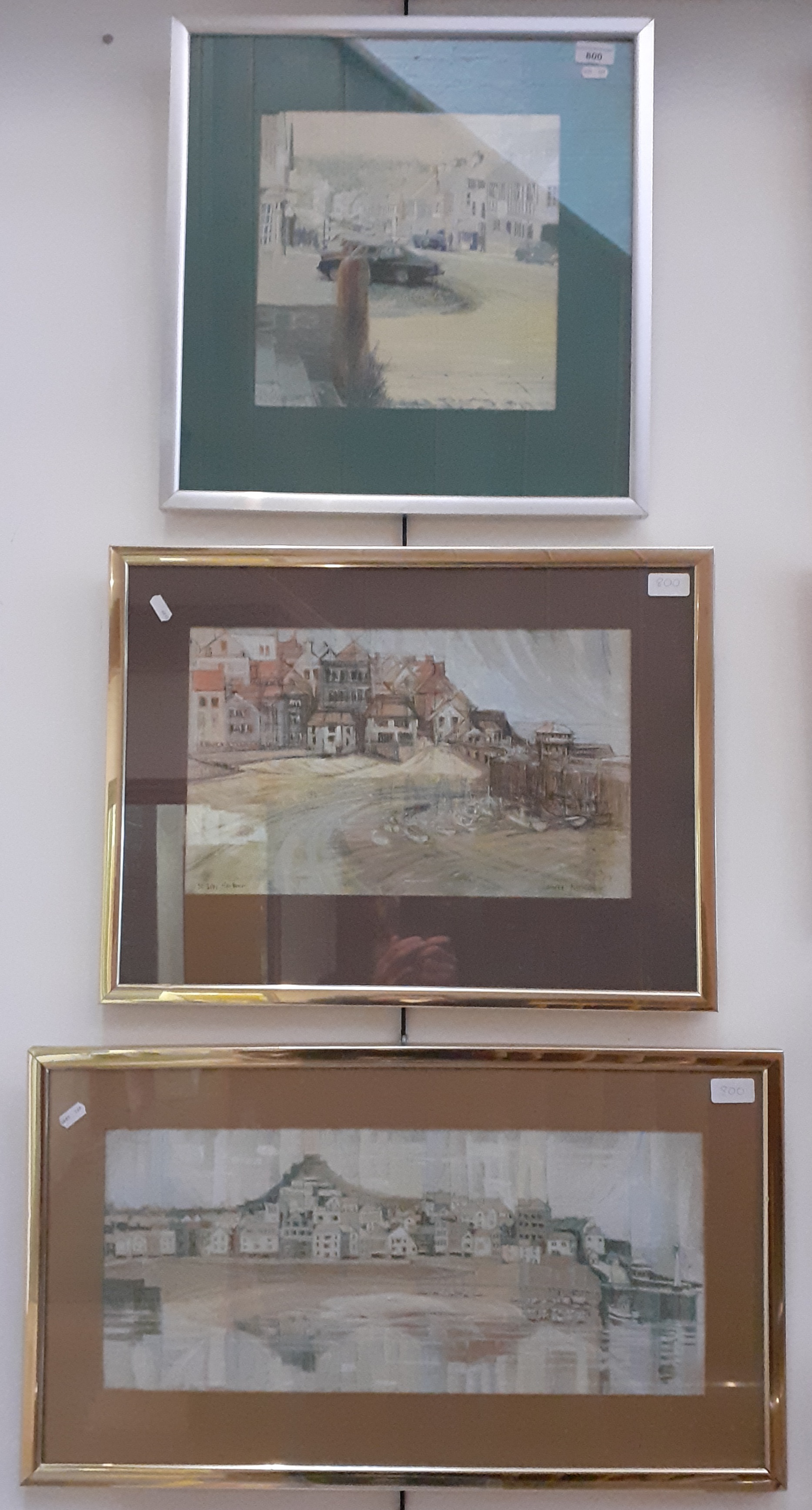 Three pictures, Laurie Roscor, 1 x oil, twon scene, 29cm x 29cm, signed lower left, glazed and