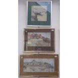 Three pictures, Laurie Roscor, 1 x oil, twon scene, 29cm x 29cm, signed lower left, glazed and