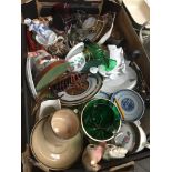 A box of assorted china, glass etc including Masons and art glass