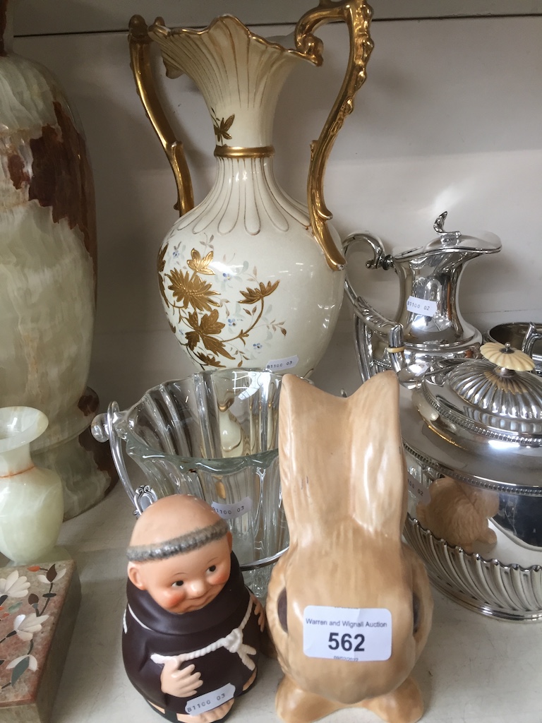 A mixed lot comprising a Sylvac rabbit, a Goebel monk condiment, a Victorian gilt pottery vase and a