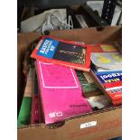 A box of OS maps and a box of misc including radio, iron, stove, etc.