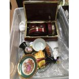 A box containing 5 pieces of Italian alabaster dressing dressing table set and some small ceramic