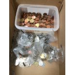 A box of coins, usable euros, USA dollars,, Canada dollars and Australian dollars