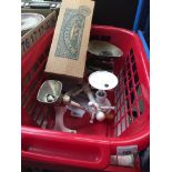 3 boxes of misc household items including vases, large stoneware pot with lid, etc and a set of