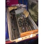 A mixed box of engineering reemers, taper drills and millinghead autolock chucks.
