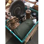 Egyptian metal tray, 2 West German style pottery lamps, a JVC videomovie camera, a composite