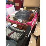 4 boxes of misc pottery, ornaments, glass to include crystal, cheese dish, Enchantica figures, etc.