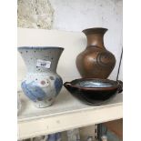 Diane Cross - stoneware vase in blue with speckled interior / exterior. and two other Art Pottery