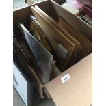 A box of pictures, prints, advertising, 2 film posters, embroidered pictures, etc.
