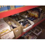 6 boxes of misc household and kitchen items including ornaments, metalware, games, camera, treen,