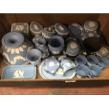 A box of blue Wedgwood Jasperware - approx 31 pieces.