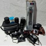A box of cameras and accessories including Balda camera, Kodak Instamatic 33 camera, Pentax MX,