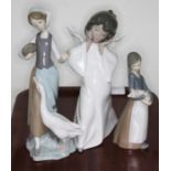 2 large and one medium size Lladro figures. Mime Angel 4959; Corn for the Duck 1052. Girl with